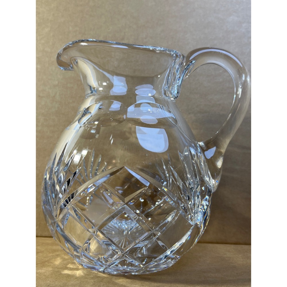 Vintage Cut Crystal Pitcher Clear Glass Diamond‎ Wedge Pattern Round Water Jug